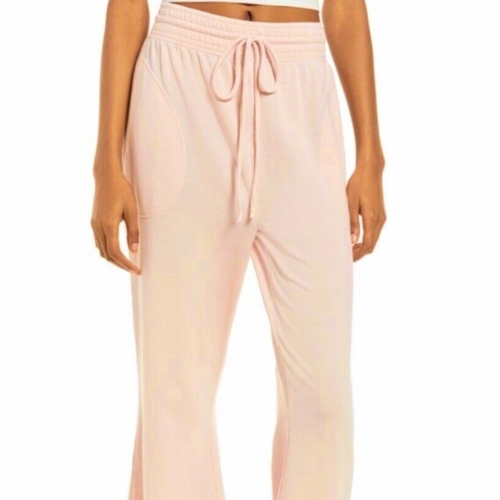 New Women’s Free People Lounge Pants Wide Leg Embroidered GOOD VIBES Blush XS